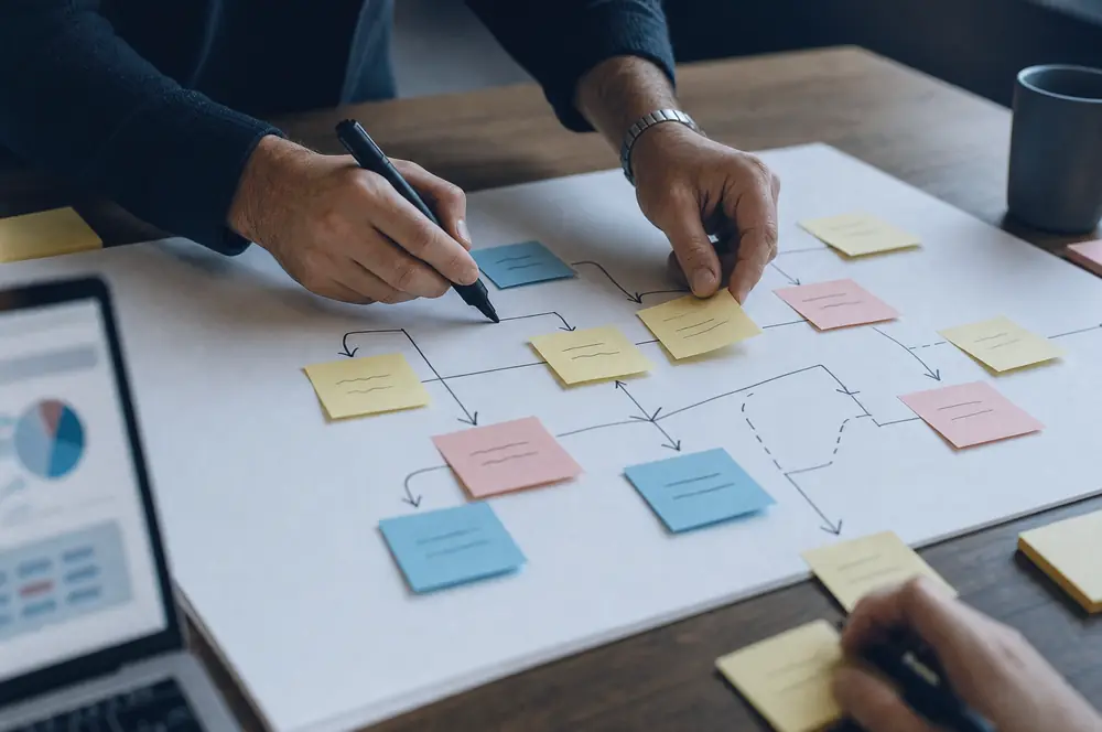 Des mains qui cartographient un processus avec des papillons adhésifs et des flèches.